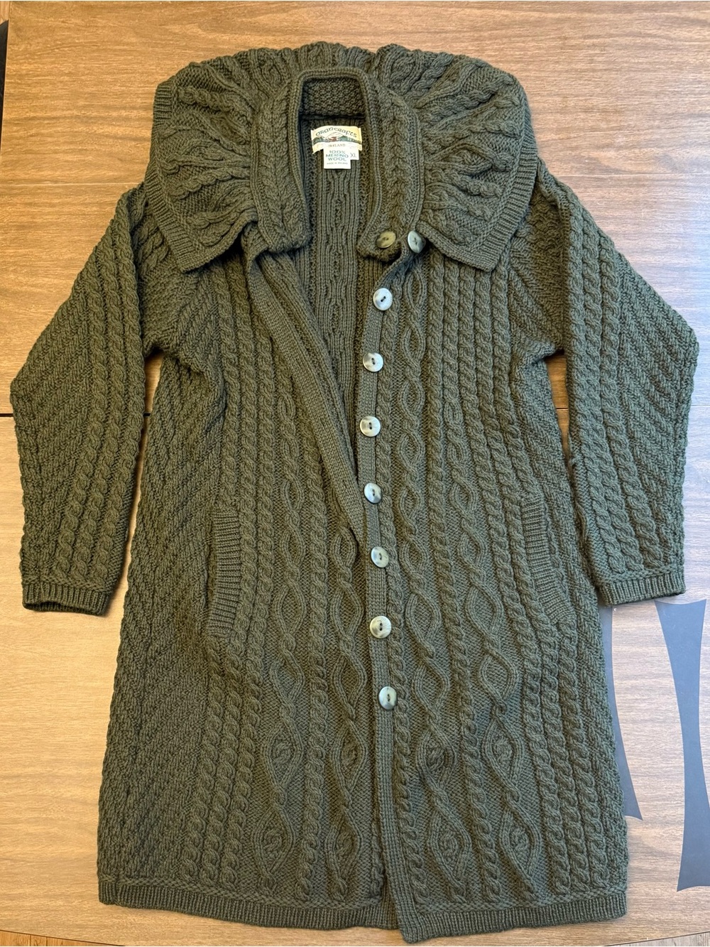 Arancrafts 100% Merino Wool Ireland Long Cardigan Sweater Olive Green XL